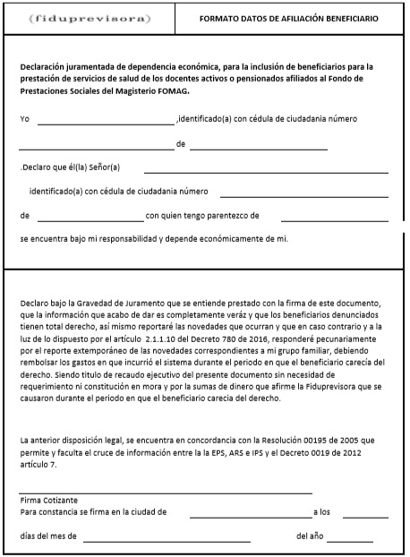 Formato declaración juramentada de dependencia económica | UT Red Integrada  FOSCAL-CUB